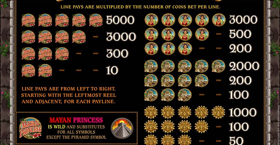 Mayan Princess Slot  Paytable - Character Symbols Payouts