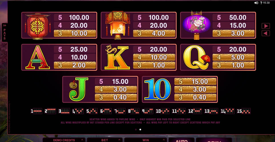 Serenity Slot Paytable Display